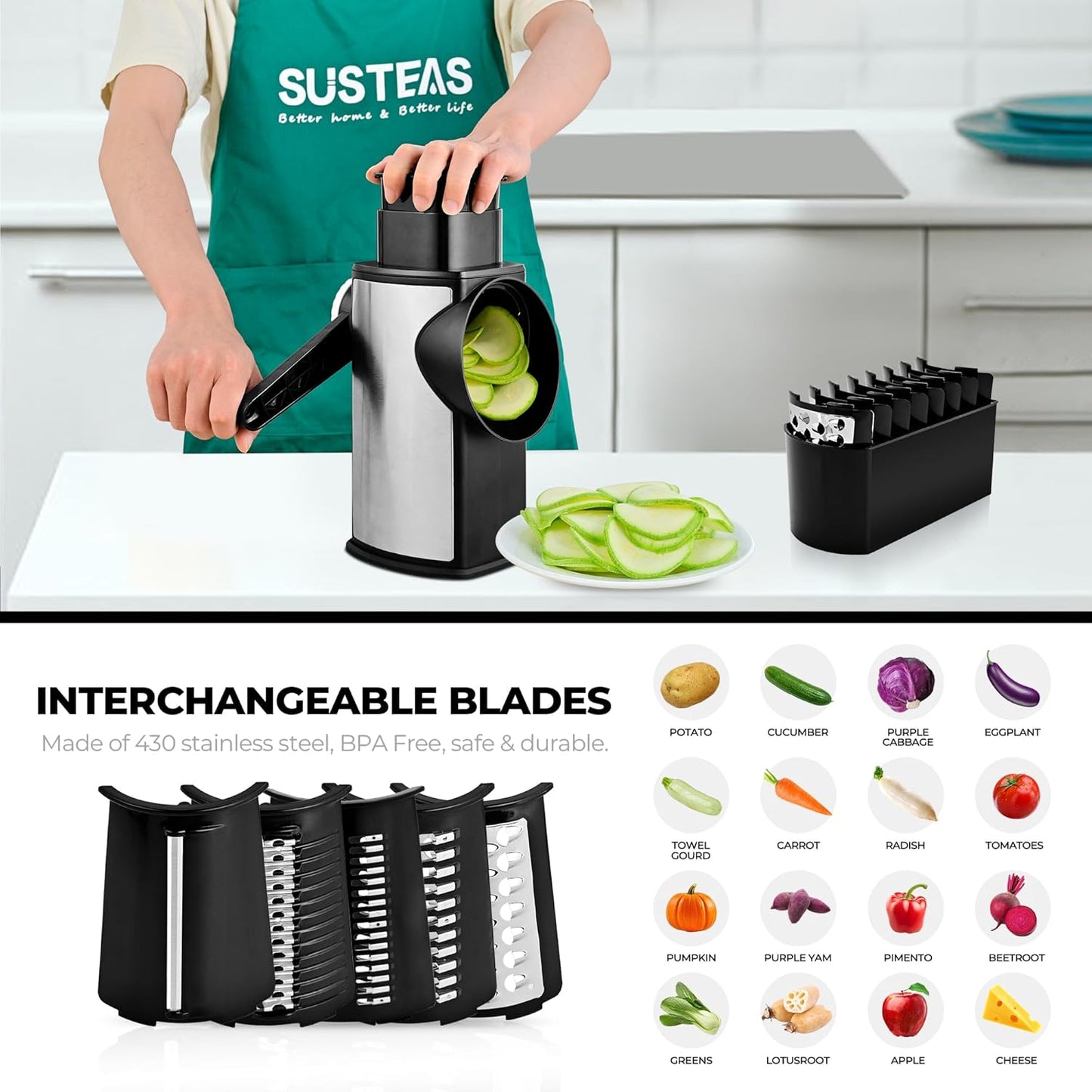SUSTEAS Rotary Cheese Grater with Handle
